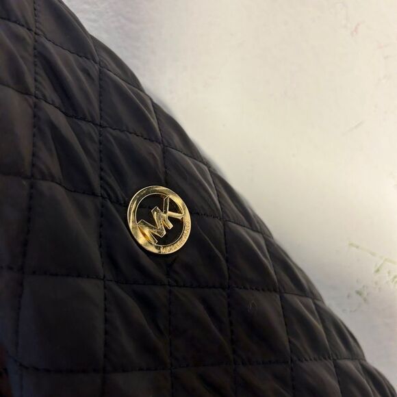 Michael Kors Ladies Quilted Trench Coat Black Large Gold Belted Hooded Jacket - Picture 13 of 16